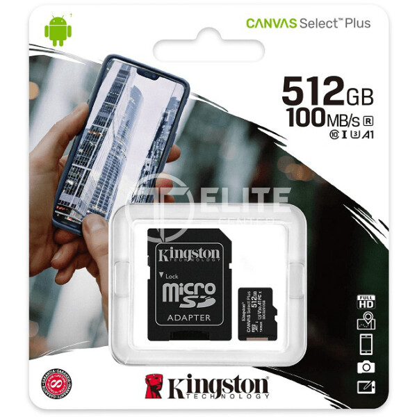 Kingston Canvas Select Plus - Tarjeta de memoria flash (adaptador microSDXC a SD Incluido) - 512 GB - A1 / Video Class V30 / UHS Class 3 / Class10 - microSDXC UHS-I - - en Elite Center