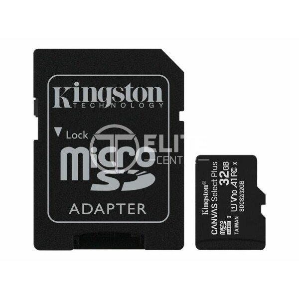 Kingston Canvas Select Plus - Tarjeta de memoria flash (adaptador microSDHC a SD Incluido) - 32 GB - A1 / Video Class V10 / UHS Class 1 / Class10 - microSDHC UHS-I - en Elite Center