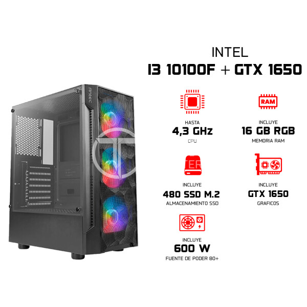 ELITE PC GAMER - Intel 10100F - GTX 1650 AMP , 16GB RAM RGB v3 - Serie DIAMANTE, 3 x FAN RGB - en Elite Center