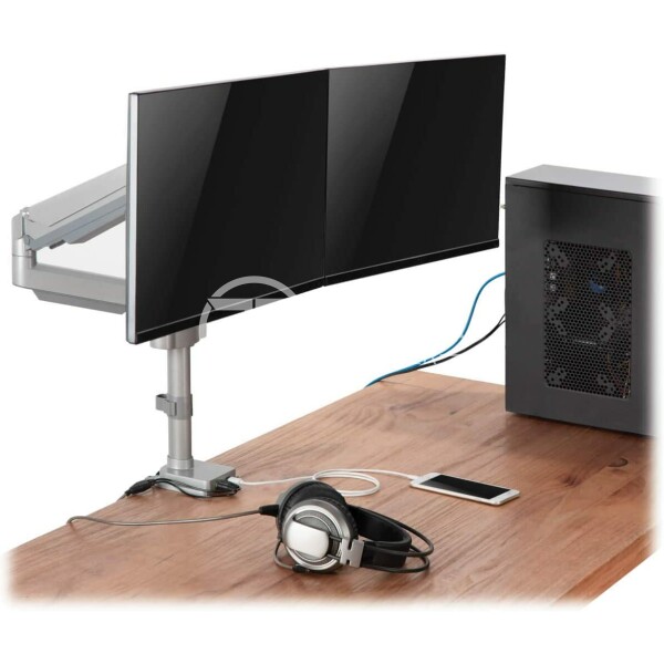 Tripp Lite Dual-Display Flex-Arm Mount for 17" to 32" Monitors - Clamp or Grommet, USB, Audio Ports - Kit de montaje (montaje con pinza de sujeción para escritorio) - para 2 pantallas LCD (full-motion) - acero - plata - tamaño de pantalla: 17"-32" - escritorio - - en Elite Center