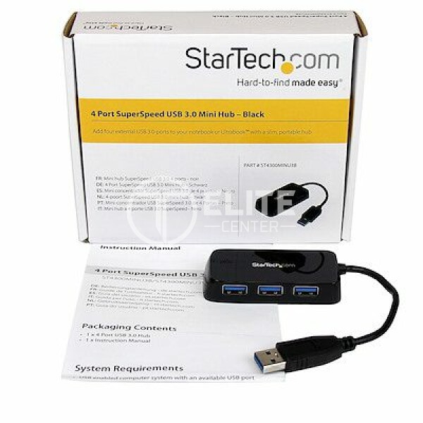 StarTech.com Adaptador Concentrador Hub Ladrón USB 3.0 Super Speed 4 Puertos Salidas Portátil para Ordenador Portátil - Negro (ST4300MINU3B) - Hub - 4 x SuperSpeed USB 3.0 - sobremesa - para P/N: FCREADMICRO3, MSDREADU3CA, USB3S2ESATA3 - - en Elite Center