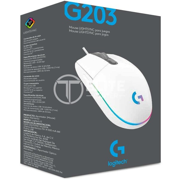 Logitech Gaming Mouse G203 LIGHTSYNC - Ratón - óptico - 6 botones - cableado - USB - blanco - - en Elite Center