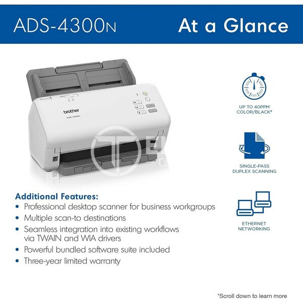 Brother ADS-4300N - Escáner de documentos - CIS dual - a dos caras - A4 - 600 ppp x 600 ppp - hasta 40 ppm (mono) / hasta 40 ppm (color) - Alimentador automático de documentos (ADF) (80 hojas) - USB 3.0, LAN - - en Elite Center