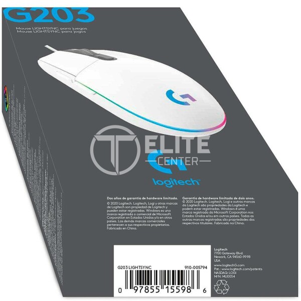 Logitech Gaming Mouse G203 LIGHTSYNC - Ratón - óptico - 6 botones - cableado - USB - blanco - - en Elite Center